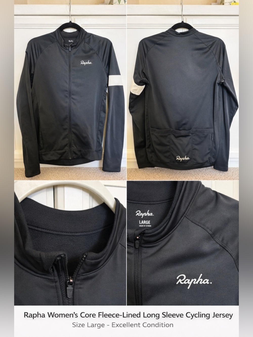 Rapha Women's Black Long Sleeve Cycling Jersey with White Sleeve Stripe